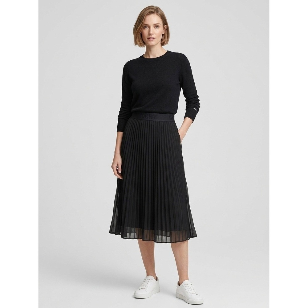 DKNY Womens Black Pleated Logo Waistband Midi Skirt Size Medium